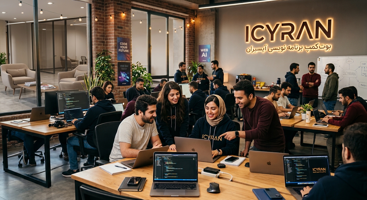 هنرجویان در حال یادگیری و همکاری روی پروژه در بوتکمپ برنامهنویسی ICYRAN
